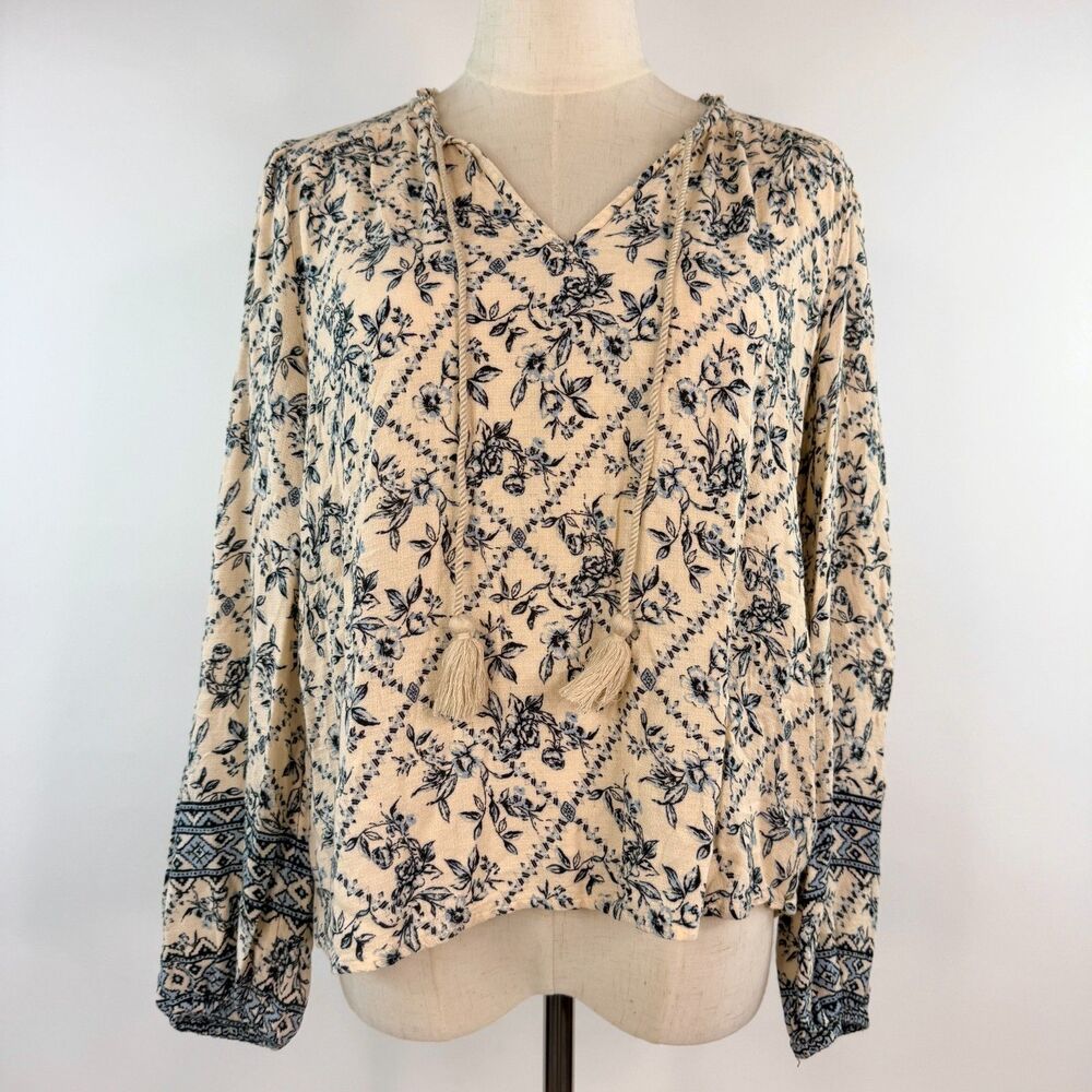 Lucky Brand Cream/Blue Floral Long Sleeve Blouse V-Neck Tassel Drawstring Boho M